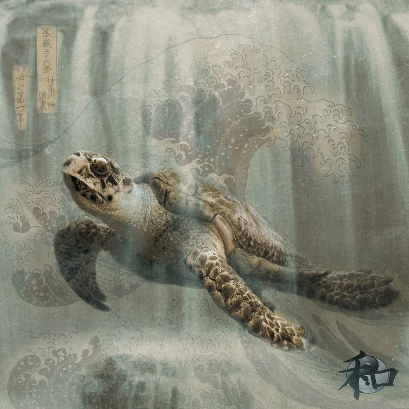 A sea turtle is swimming in this photo collage with Hokusai's The Great Wave superimposed within the artwork..